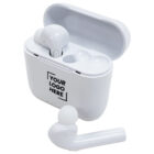 White wireless earbuds with an open charging case. The case has the text Your Logo Here printed on it. One earbud is placed outside the case.