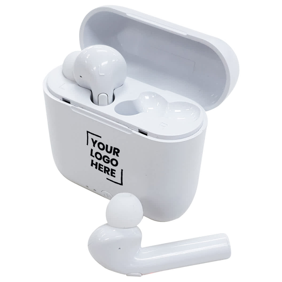 White wireless earbuds with an open charging case. The case has the text Your Logo Here printed on it. One earbud is placed outside the case.