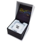 Open box displaying a small white device labeled Your Logo Here. The packaging has colorful Drifters branding and the phrase listen love drift away on the inner lid. The device sits in a molded white insert.