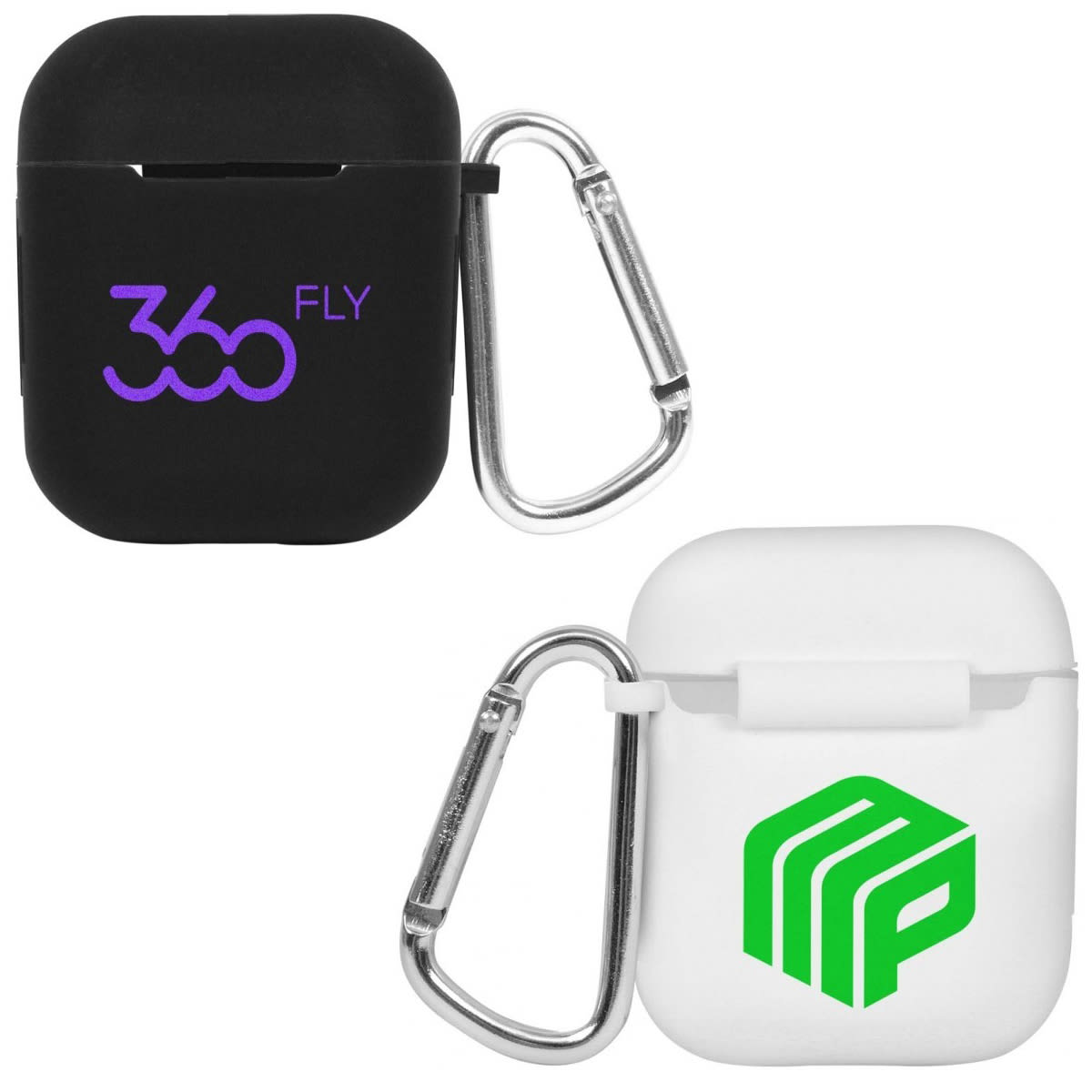 Two AirPods cases with carabiners: one black with purple 360 FLY text and one white with a green geometric logo. Both cases have carabiners attached for easy carrying.