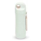 A light green insulated water bottle with a curved lid and a small circular opening for drinking. The bottle features a beige handle attached to the side for easy carrying. The design is sleek and minimalistic.
