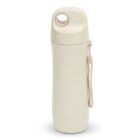 A beige reusable water bottle with a sleek, modern design. It features a rounded cap with a loop for carrying and a textured surface. Theres a matching strap attached to one side for easy portability.
