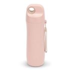 A pink, reusable water bottle with a flip-top lid and small carrying loop on the side, standing upright against a white background.