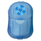 A blue, oval-shaped plastic container with a lid, featuring a heart icon within a geometric design on the front.