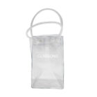 Clear rectangular tote bag with white handles and the word GLASSONS printed on the front. The bag is transparent, showing no contents inside.