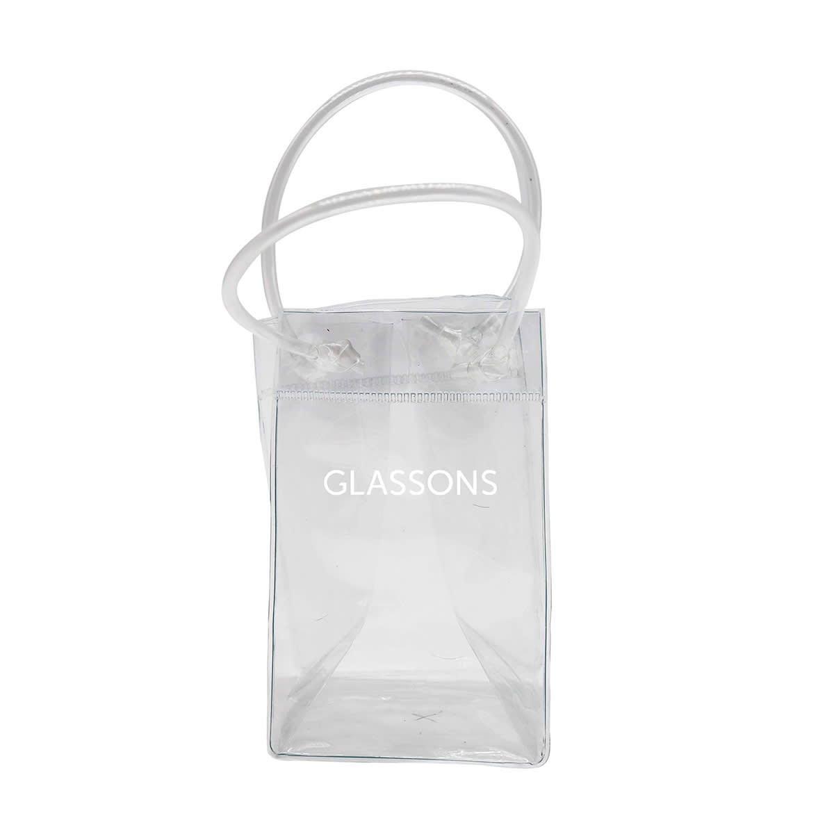 Clear rectangular tote bag with white handles and the word GLASSONS printed on the front. The bag is transparent, showing no contents inside.