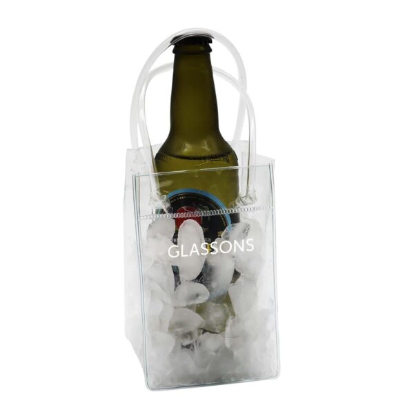 A green bottle in a clear plastic bag filled with ice. The bag has handles and the word GLASSONS printed on it.