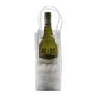 A bottle of AC/DC wine sits in a clear ice bag with handles, surrounded by ice cubes. The wine bottle is green with a colorful cap.