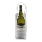 A green wine bottle is placed inside a clear, plastic ice bag with white handles. The bag contains ice cubes surrounding the bottle, keeping it chilled. The upper part of the bottle, including the cork and neck, is visible above the ice.