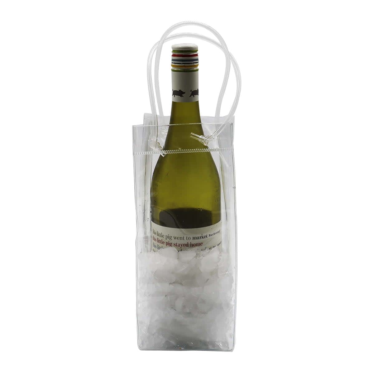 A green wine bottle is placed inside a clear, plastic ice bag with white handles. The bag contains ice cubes surrounding the bottle, keeping it chilled. The upper part of the bottle, including the cork and neck, is visible above the ice.