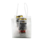 Two cans of Canadian Club whisky and cola in a transparent bag filled with ice. The bag features a Volkswagen logo and has two handles.