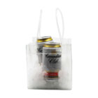 Two cans with Canadian Club branding are placed in a transparent bag filled with ice cubes. The bag has two white handles and holds the cans upright, keeping them chilled.
