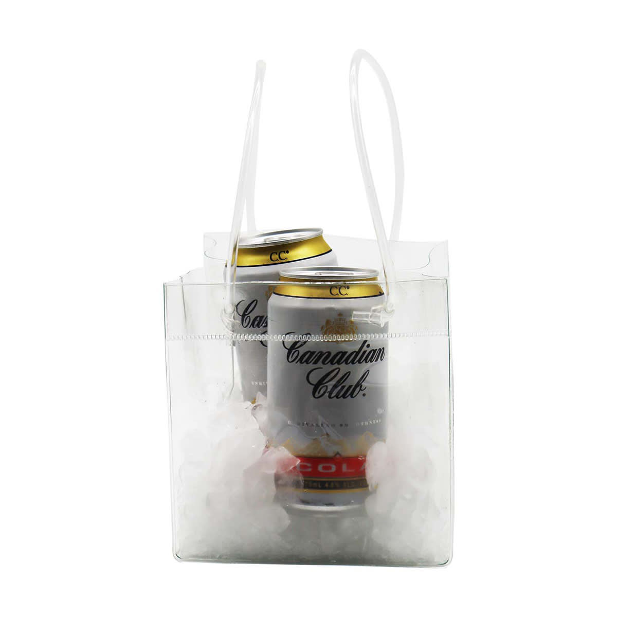 Two cans with Canadian Club branding are placed in a transparent bag filled with ice cubes. The bag has two white handles and holds the cans upright, keeping them chilled.