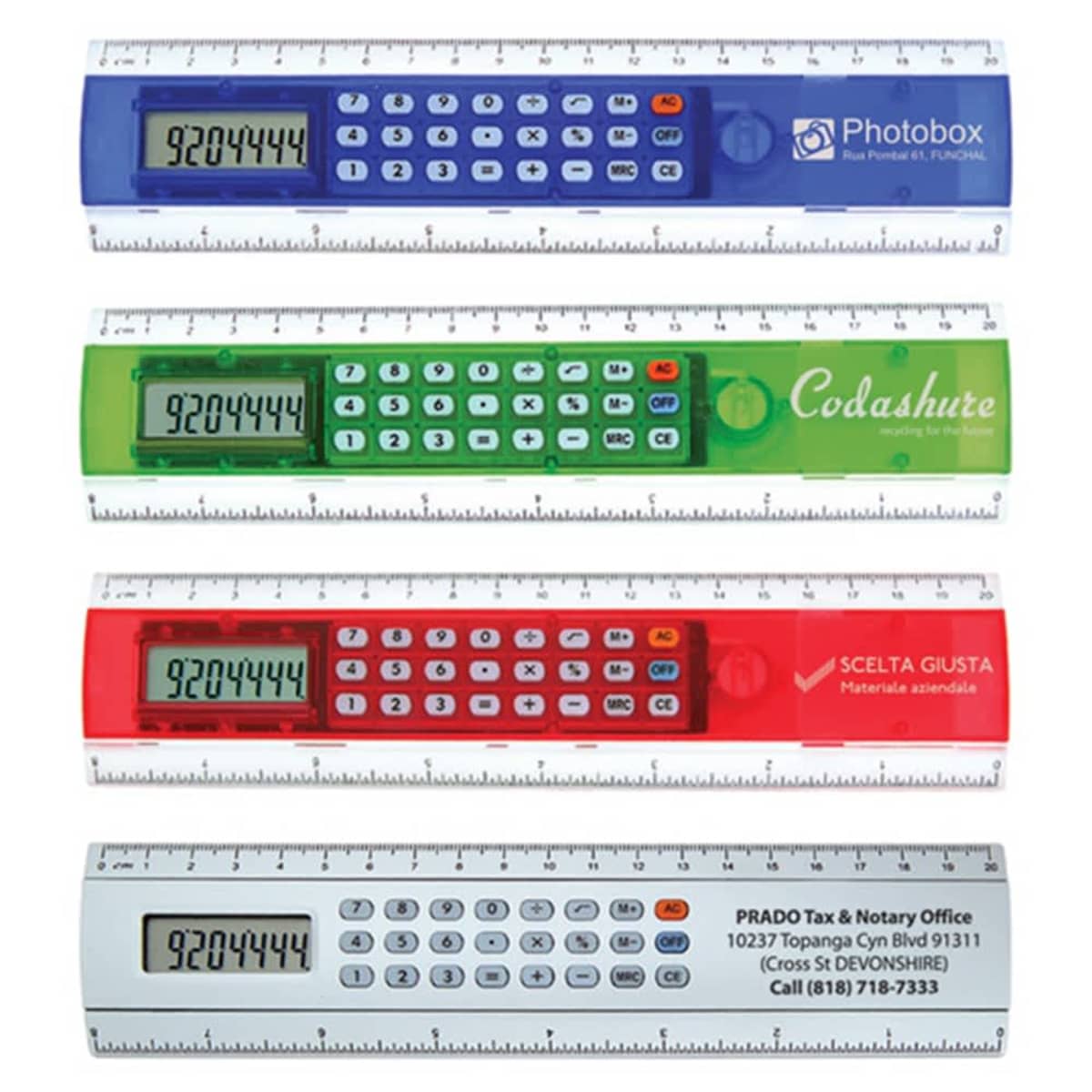 Four calculators integrated with rulers. From top to bottom: blue with Photobox branding, green with Codashure branding, red with SCELTA GIUSTA branding, and gray with PRADO Tax & Notary Office contact details.