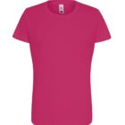 Plain bright pink short-sleeve t-shirt on a white background.