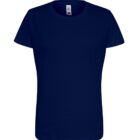 Plain navy blue short-sleeve t-shirt on a white background.