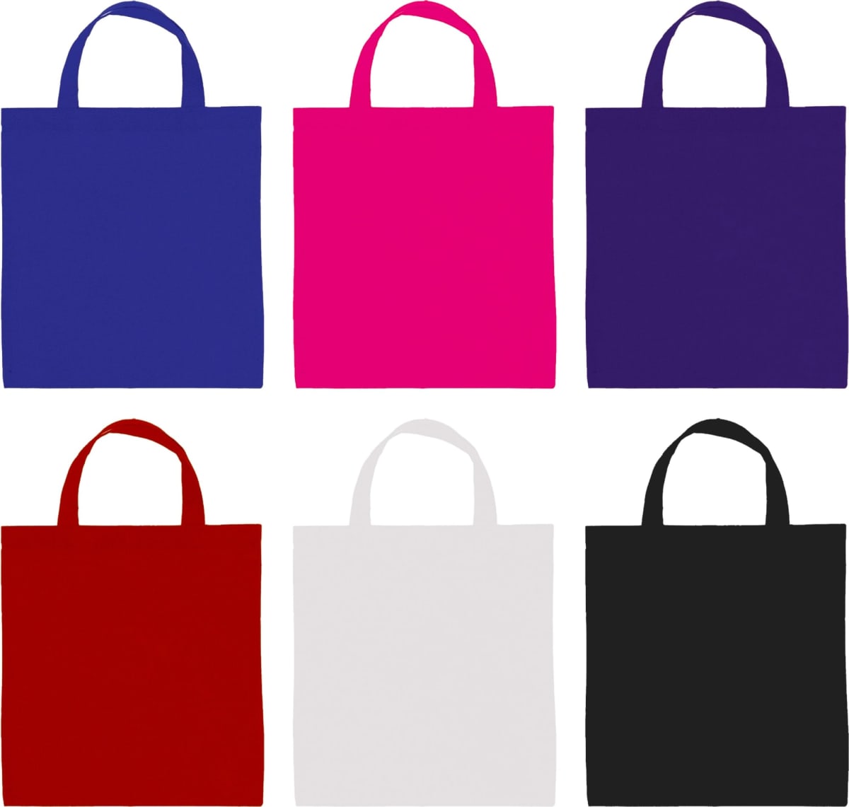 Six tote bags with short handles arranged in two rows. The top row includes a blue, pink, and purple bag. The bottom row features a red, white, and black bag. Each bag is a solid color and shown against a white background.