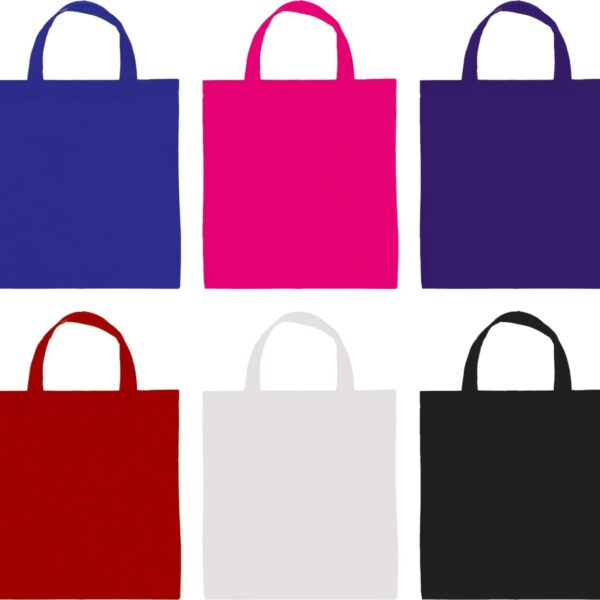 An image of six square tote bags arranged in two rows. Top row: blue, bright pink, and dark purple bags. Bottom row: red, white, and black bags. Each bag has two handles and is shown against a white background.