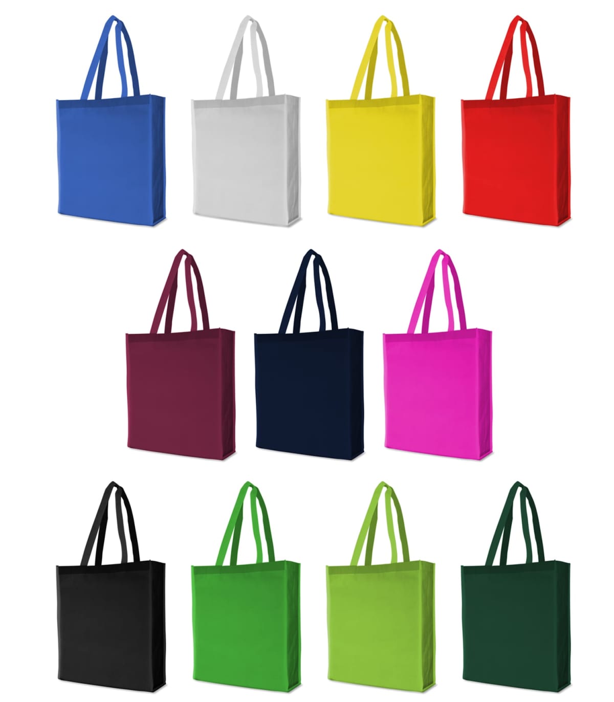 Eleven reusable shopping bags in various colors, including blue, white, yellow, red, burgundy, navy, pink, black, light green, and dark green, arranged in three rows against a white background.