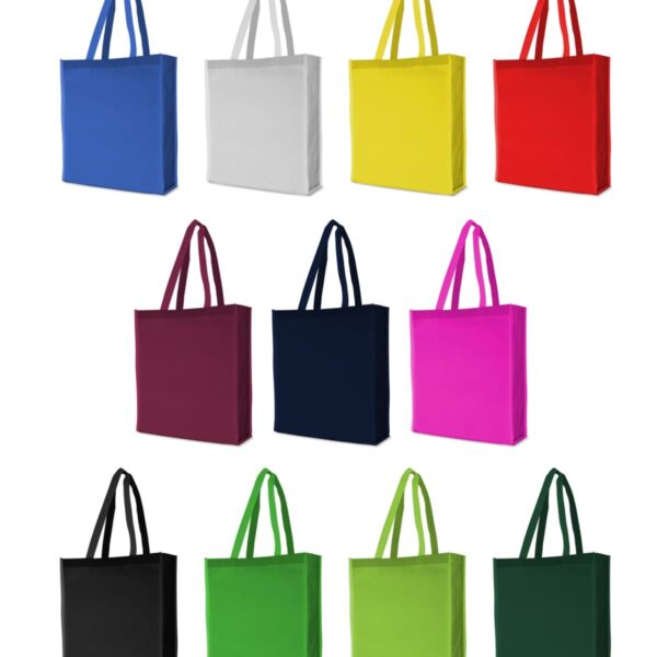 Eleven reusable shopping bags are displayed in a grid pattern. They are arranged in three rows, each bag in a different color: blue, gray, yellow, red, burgundy, navy, pink, black, light green, olive, and dark green.