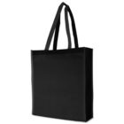 Black reusable tote bag with two long handles, shown against a plain white background. The bag has a rectangular shape and a smooth surface, suitable for carrying groceries or everyday items.