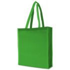 A green reusable tote bag with two long handles, standing upright. The bag is plain with a smooth texture and rectangular shape, suitable for carrying groceries or other items.