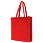 A bright red reusable tote bag with long handles, standing upright against a plain white background.