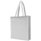 A plain white tote bag with two long handles displayed against a white background. The bag is standing upright, showing its rectangular shape and simple design.