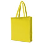 A bright yellow tote bag with two long handles, designed for carrying over the shoulder. The bag is plain with a simple rectangular shape and appears made of a sturdy fabric.