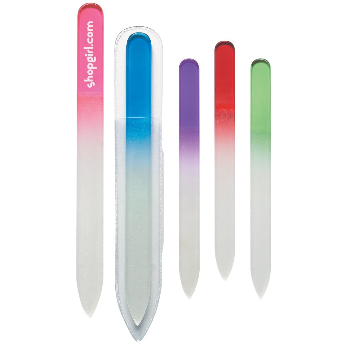 A set of five glass nail files featuring gradient colors: red, purple, pink, blue, and green. One file is partially encased in a transparent sleeve, with shopgirl.com printed on the red file.