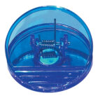 A blue, transparent yo-yo with an internal spring mechanism is shown. The design is modern, with a round shape and a visible metal spring inside. The yo-yo has a glossy finish and gives off a reflective sheen.