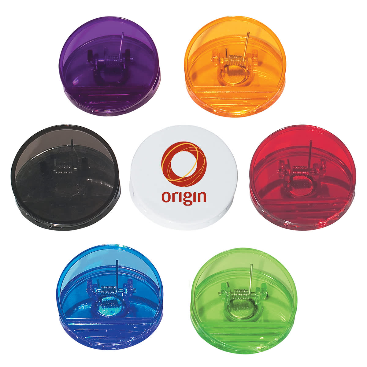 Seven round yo-yos arranged in a circle. Each yo-yo is transparent and comes in different colors: purple, orange, red, green, blue, black, and a central white yo-yo with a logo design.