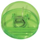 A green transparent piggy bank with a coin slot on top and a visible metallic spring mechanism inside. The bank is cylindrical with a flat base and a circular top.
