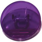 A purple, round, transparent pencil sharpener with a visible metal blade and shavings container. The cylindrical design shows the sharpening mechanism inside.