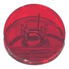 A circular, transparent red container with a small mechanical component inside, featuring a coil and wire structure. The container is resting on a plain white background.