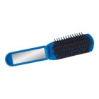 A blue folding hairbrush with a black bristle pad on one side and a mirror on the other. The brush is open, showcasing both the bristles and the mirror.