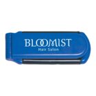 Blue folding hairbrush with the text BLOOMIST Hair Salon printed in white on the handle.
