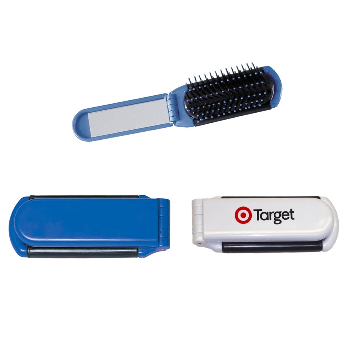 Three views of a portable lint remover and brush. One is open showing a black brush with white bristles. Another view shows a closed blue cover. The third view shows a white cover with the Target logo.