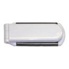 A white plastic bag clip with black rubber grips, designed for sealing bags to keep contents fresh. It has a hinged design for easy opening and closing.