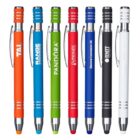 Seven stylus pens in various colors are lined up. Each pen is branded with different company logos in white. From left to right: orange, light blue, green, red, royal blue, black, and white pens with color-matching tips.