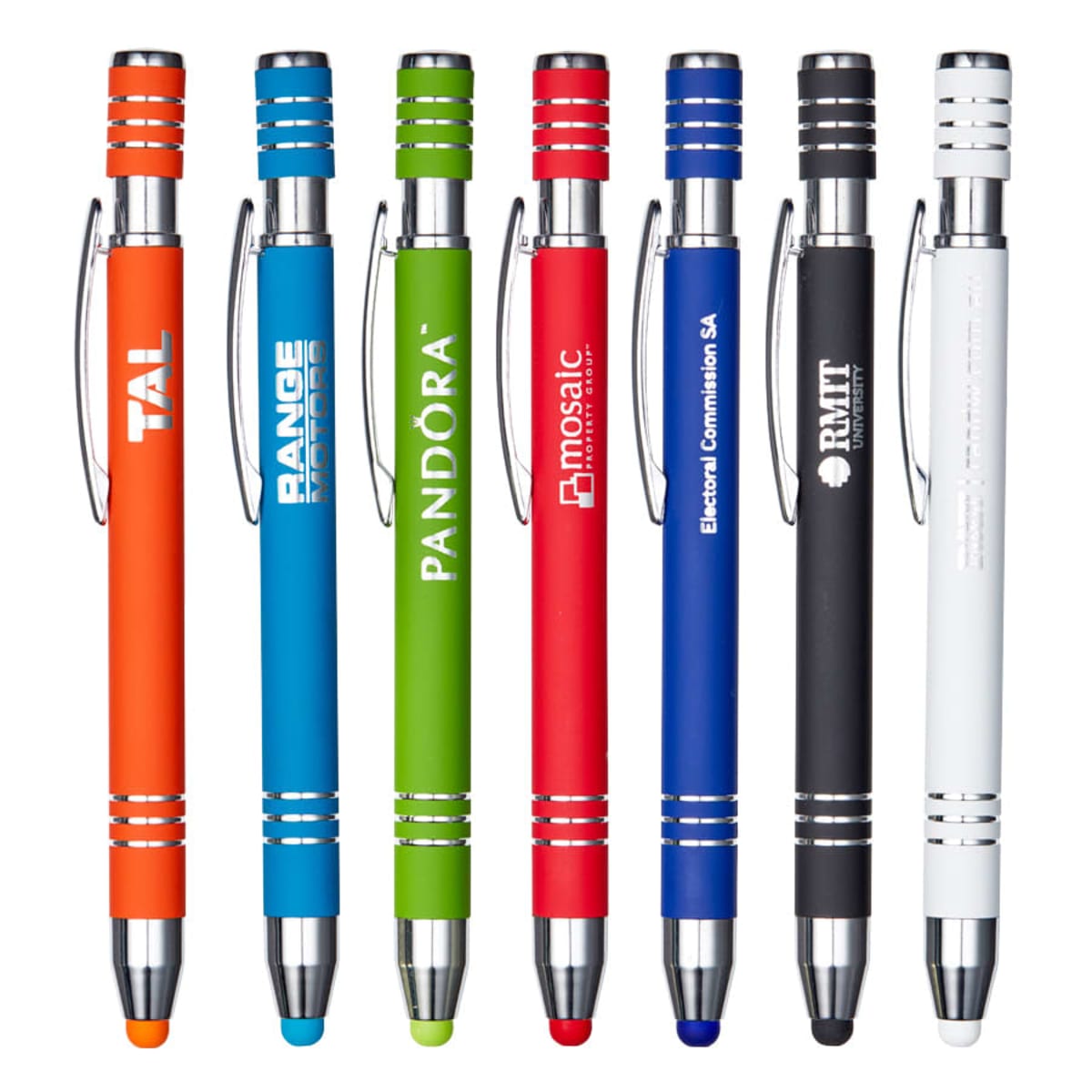 Seven stylus pens in various colors are lined up. Each pen is branded with different company logos in white. From left to right: orange, light blue, green, red, royal blue, black, and white pens with color-matching tips.