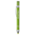 A green stylus pen with silver accents and a clip. The word Pandora is printed in white vertically along the side. The pen features a cylindrical shape and a rubber tip at the end.