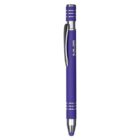 A purple stylus pen with silver accents, featuring a clip and a stylus tip at the end. The pen has metallic striped details near both ends and a textured grip section.
