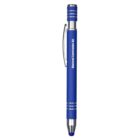 A blue stylus pen with silver accents, featuring a pocket clip and Electoral Commission SA printed on the side. The pen tip and stylus tip are both visible.