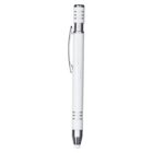 A white stylus pen with chrome accents, featuring a clip near the top and grooved details on both ends, standing vertically against a plain white background.