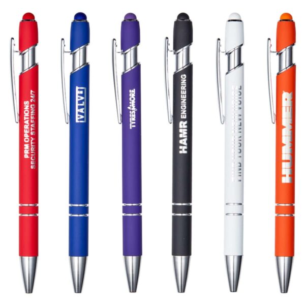 Six colorful pens with metallic clips and tips, featuring logos and text in white. The pen colors are red, blue, purple, black, white, and orange.