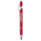 A red ballpoint pen with silver accents and a pocket clip. It features the text: PMI OPERATIONS SECURITY STAFFING 24/7 in white, running vertically along the pens barrel.