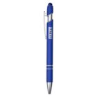 A blue pen with a metal clip and pointed tip. It features a logo on its body and a stylus at the opposite end of the tip.