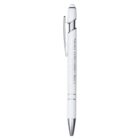 A sleek white pen with silver accents, featuring a clip on its side and a metallic tip. The pen has inscriptions along its body.