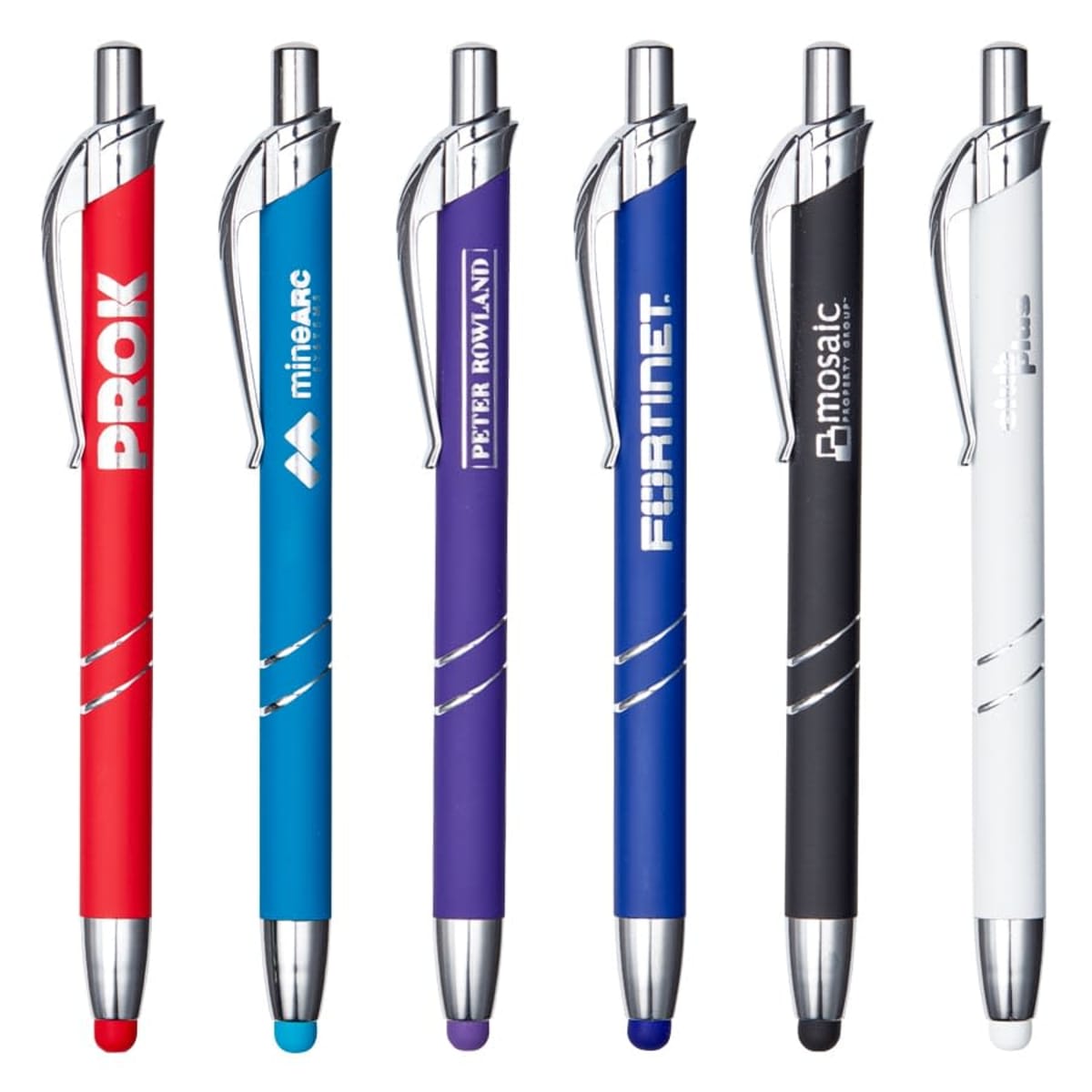 Six pens in different colors—red, light blue, purple, dark blue, black, and white—each with a stylus tip and metallic clip. Each pen has a distinct logo printed on its barrel.